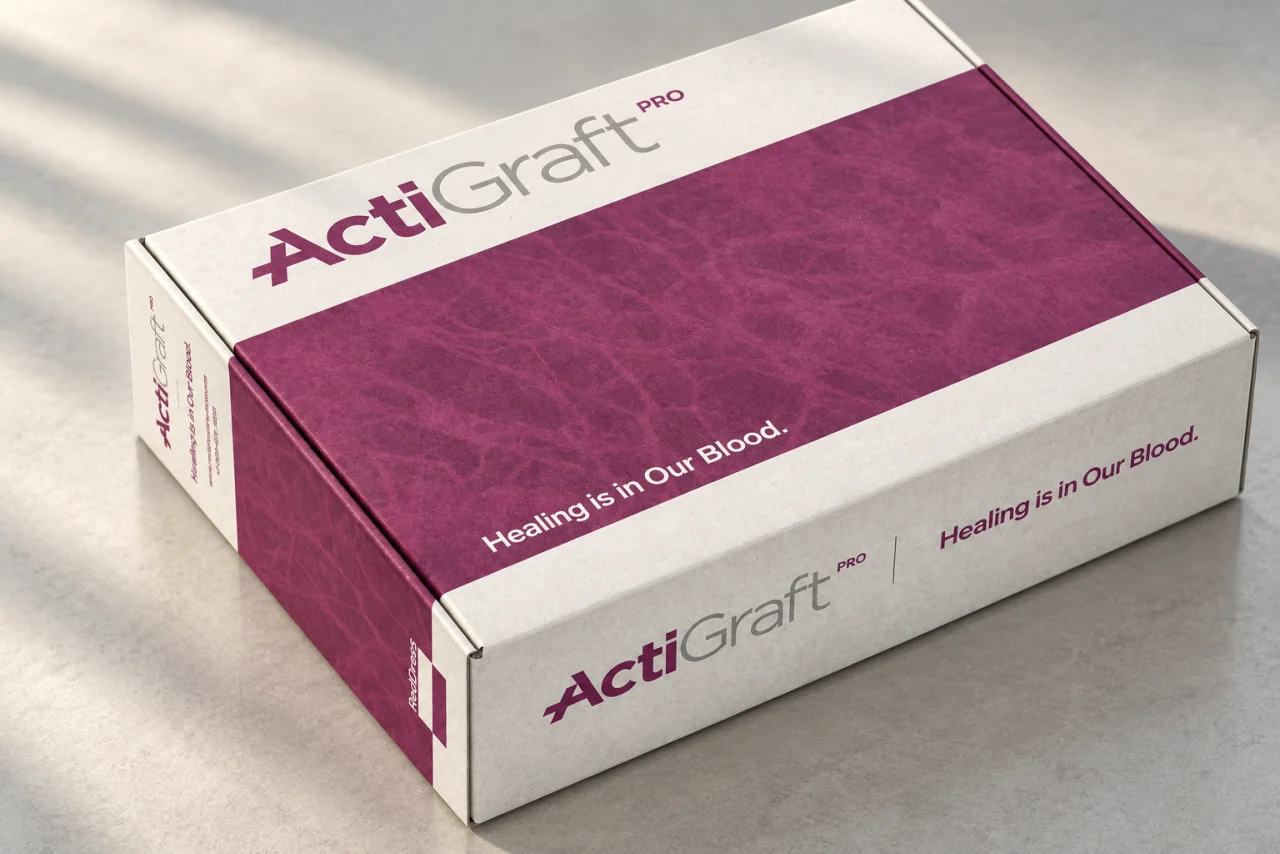 Illustrative photograph: Closed ActiGraft PRO kit with magenta and white packaging