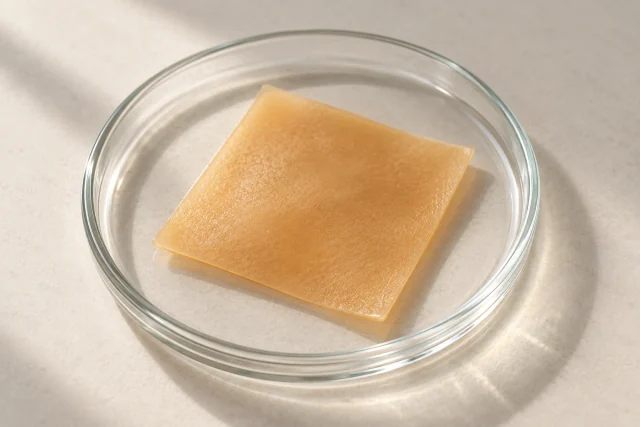 Illustrative photograph: Close view of the amber APIS matrix sheet on glass