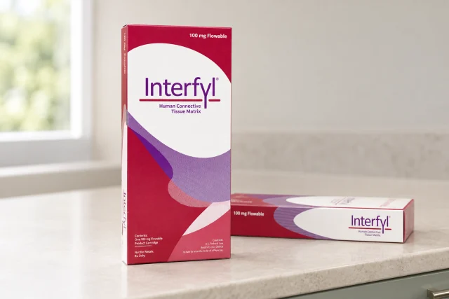 Illustrative photograph: Interfyl 100 mg Flowable cartons in red, purple and white