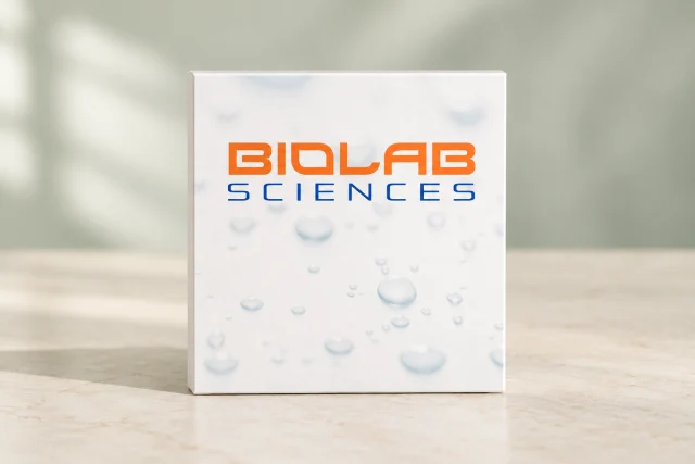 Illustrative photograph: BioLab Sciences white box with orange and blue branding and printed water-droplet artwork