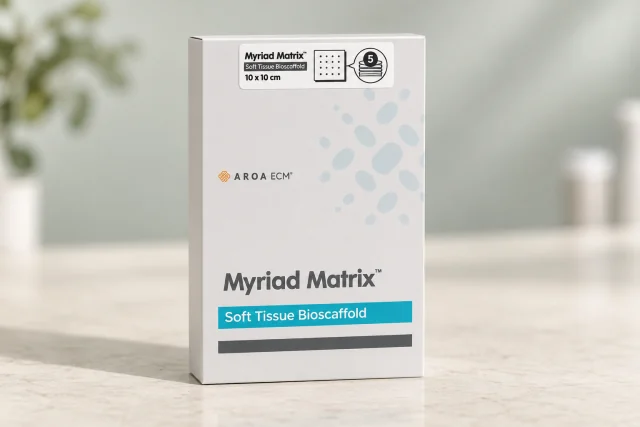 Illustrative photograph: AROA Myriad Matrix soft tissue bioscaffold package