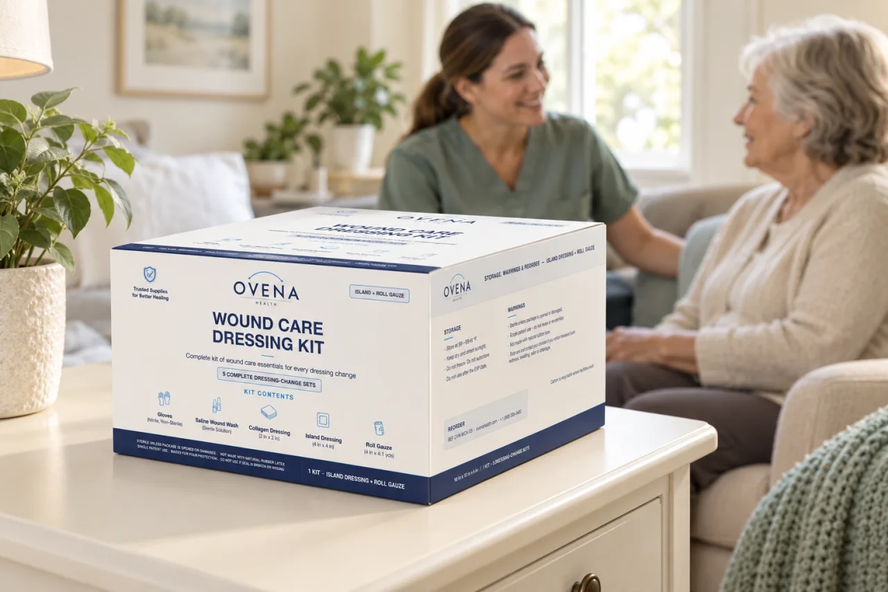 Illustrative image: Ovena wound care kit in a home care setting