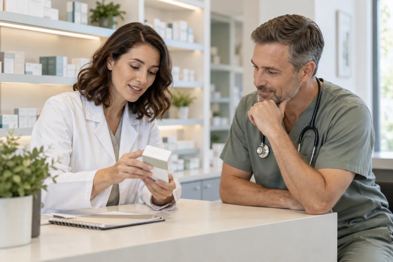 Illustrative image: Pharmacist and clinician reviewing a product in a pharmacy