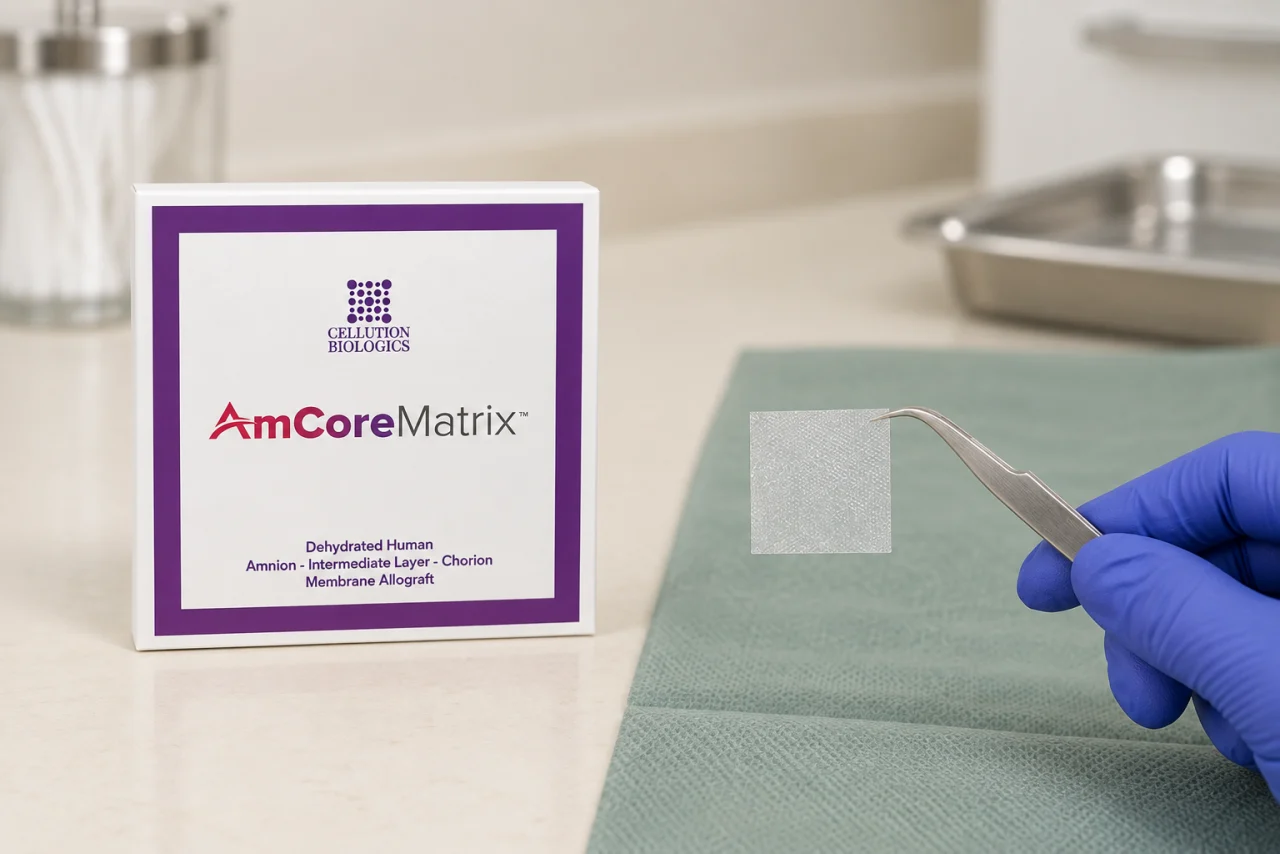 AmCoreMatrix carton beside its thin membrane held in forceps, based on Cellution Biologics references