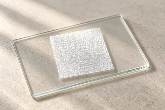 Illustrative photograph: Tri-Membrane Wrap square membrane displayed on glass