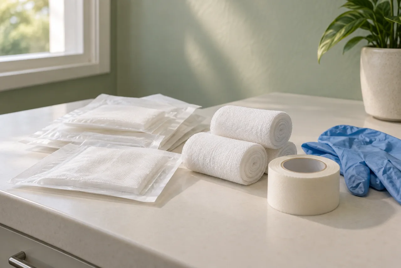 Illustrative image: Dressings, gauze, tape, and gloves neatly arranged on a counter