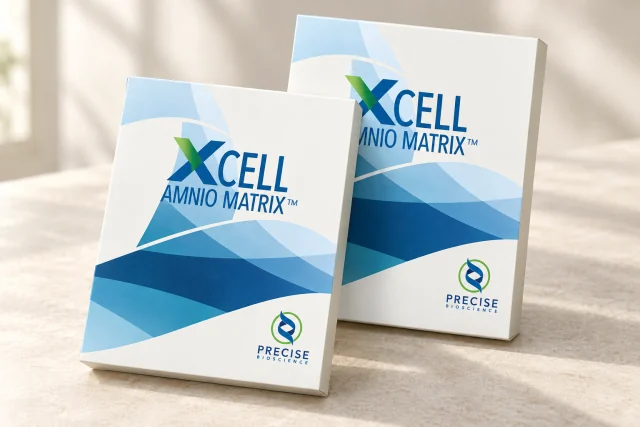Illustrative photograph: Two XCell Amnio Matrix cartons with blue and green Precise Bioscience artwork