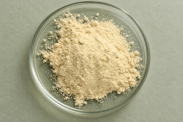 Illustrative photograph: Close view of pale cream XCelliStem wound powder on glass
